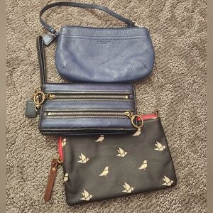 Coach POPPY Blue Leather wristlet wallet & Coach Pouch W/ Fossil Pouch